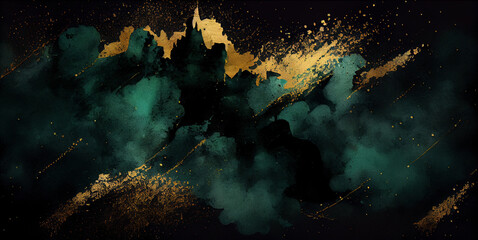 Obraz premium Green watercolor texture with golden paint, abstract grunge background, created with Generative AI technology