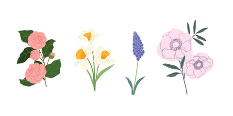 minimal line flower and botanical graphic sketch drawing, trendy tiny tattoo design, floral elements vector illustration