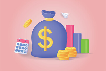Investment concept 3D illustration. Icon composition with money bag with dollar sign, stacks of coins, calendar and data graphs. Success financial strategy. Vector illustration for modern web design