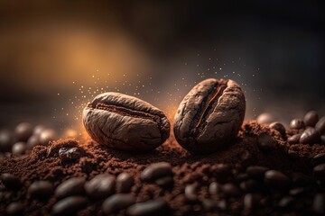 Two coffee beans up close at roasted coffee heap. Coffee bean on a background of ground coffee in macro. Arabic roasted coffee is a hot beverage ingredient. Generative AI