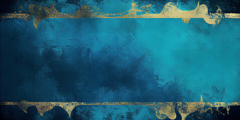 Blue watercolor texture with gold paint, abstract grunge banner background, created with Generative AI technology