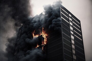 Fire in the apartment. Thick black smoke billows from two windows of an apartment building. Extinguishing a fire in a high rise building. Generative AI - obrazy, fototapety, plakaty