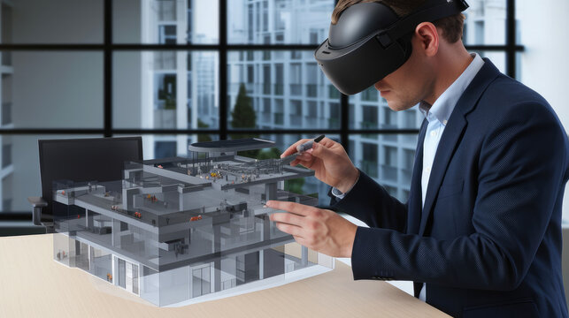 A real estate agent watches an object on VR glasses. Modern sales technology. Ai generative