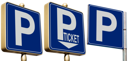 Three blue parking signs with letter P (Free Parking and Parking Meter), isolated on white or transparent background, Photography. Png.