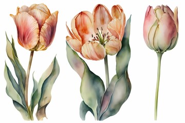 Watercolor tulip flowers. Tulips in bloom, blossom in red color. Watercolour illustration and drawing isolated on white background. Hand drawn vintage design style. Generative Ai.