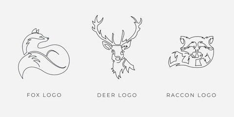 One line animals logo fox deer raccon. Line drawing of fox business logo icon
