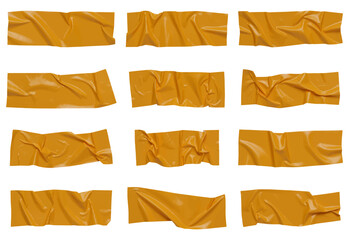 Yellow wrinkled adhesive tape isolated on white background. Yellow Sticky scotch tape of different sizes. Vector illustration.