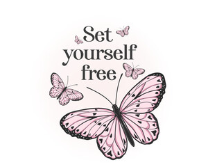 positive quote butterfly pink flower rose and daisies watercolor hand drawn design