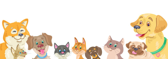 Group of funny dogs and cats sitting together. National Pet Day. Banner in cartoon style. Isolated on white background. Place for your text. Vector flat illustration.