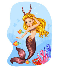 Obraz na płótnie Canvas Beautiful little mermaid girl swimming underwater illustration. Capricorn mermaid zodiac sign