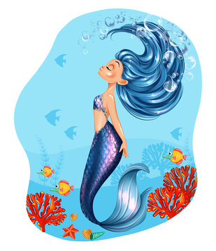 Beautiful little mermaid girl swimming underwater illustration. Aquarius mermaid zodiac sign