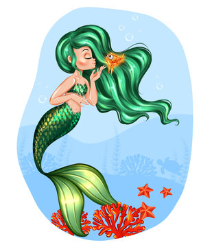 Beautiful little mermaid girl swimming underwater illustration. Pisces mermaid zodiac sign