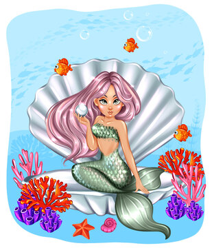 Beautiful little mermaid girl swimming underwater illustration. Virgo mermaid zodiac sign
