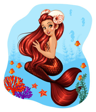 Beautiful little mermaid girl swimming underwater illustration. Aries mermaid zodiac sign