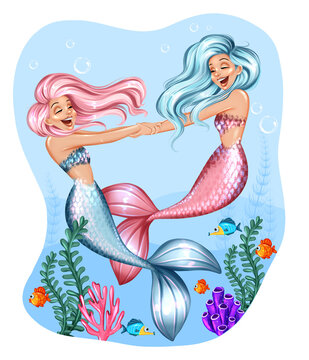 Beautiful little mermaid girl swimming underwater illustration. Gemini mermaid zodiac sign