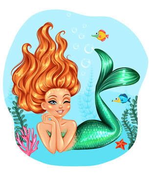 Beautiful little mermaid girl swimming underwater illustration. Leo mermaid zodiac sign