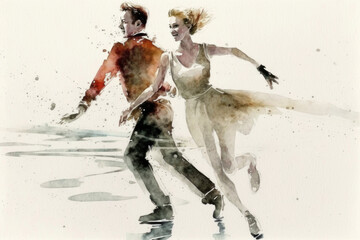 Pair figure skating, watercolor illustration, created with Generative AI technology.