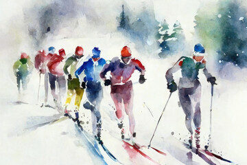 Skiers watercolor illustration, created with Generative AI technology.