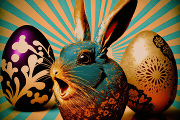 Ecstatic Easter Bunny with easter eggs in airbrush style on a psychedelic background. Generative AI