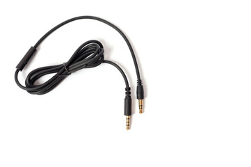 Black cord with a mini jack for connecting various gadgets, shot on a white background.