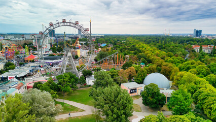 Aerial view of Prater amusement park and Vienna cityscape, Austria