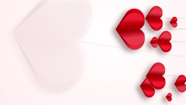 Vertical video. Paper hearts on string sway in the wind. Animated romantic background with love symbols. Empty copy space for text.
