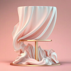 3D display podium, pink background with pedestal and flying silk cloth curtain Ai generative