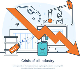 Crisis of oil and economy industry, oil price decreasing. Red arrow showing decline and going to negative value, petroleum market crisis, world economic recession thin line design