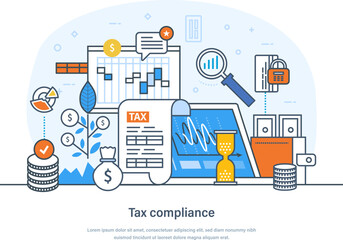 Tax compliance, accounting and payment financial service, online consultation. Tax audit, returns, penalty and reporting. Financial legislation compliance monitoring thin line design