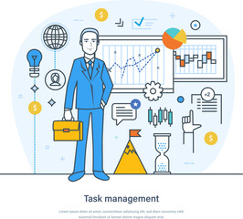 Task management process to achieve individual or collective goals. Project management activities and functions. Multitasking, productivity, time management, deadline thin line design