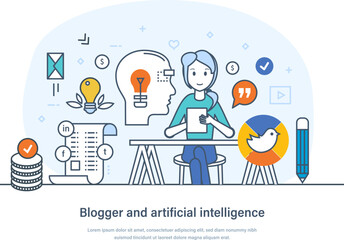 Blogger and artificial intelligence innovative technology for content strategy development. AI-empowered tools to create content. Cooperation and interaction thin line design
