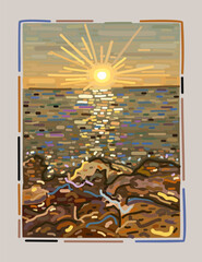 Vector landscape with simple frame. Seashore. Sunset near the sea. Pointillism style. Isolated on light background.