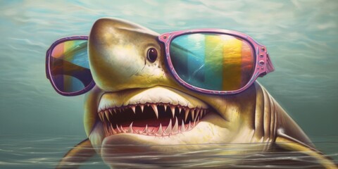 A photorealistic image of a shark wearing colorful sunglasses. Generative AI