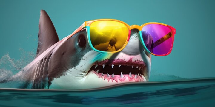 A photorealistic image of a shark wearing colorful sunglasses. Generative AI