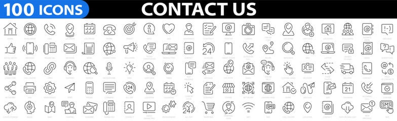 Set of 100 Contact Us web icons. Contact us and support line icons collection. Big UI icon set. Chat, support, message, phone, globe, point, chat, call, info. Vector illustration