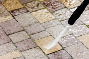 Cleaning Pavement Paving Stones with High Pressure Washer. Pressure Washing Services Pathway...