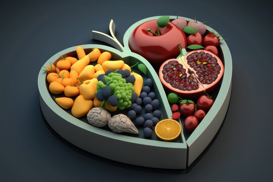 Nutritional food for heart health wellness by cholesterol diet and healthy nutrition eating with clean fruits and vegetables in heart dish by nutritionist and doctor recommended for patient well being