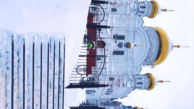 Belogorsky St. Nicholas Orthodox Missionary Monastery. Russia, Perm Krai, Belaya Gora. The temple on the hill in winter. Monastery on the background of snow. 4K