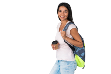 Portrait of a young beautiful woman with a cup of coffee. trendy latin student girl carrying backpack on transparent background