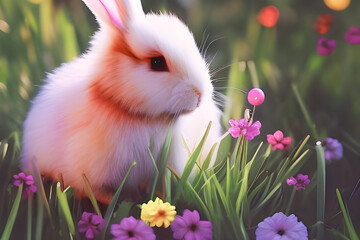 Wielkanoc, wielkanocny króliczek z kolorowymi jajkami wielkanocnymi na trawie, barwnie, soczyste wiosenne kolory, miejsce na tekst. Wygenerowane przy pomocy AI