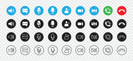 Video call icon set for conferencing and chat UI. Transparent buttons with modern design for video calls and instant messengers. Vector illustration.