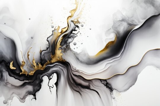 Black and white backdrop with stunning alcohol ink and golden paint smudges and stains make up this abstract gray with gold work of art. Marble, smoke, watercolor, or aquarelle are all examples of tex