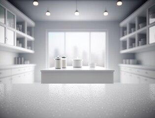 Fototapeta na wymiar Empty white counter in the kitchen with blurred background. Generative AI