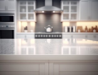 Empty white counter in the kitchen with blurred background. Generative AI