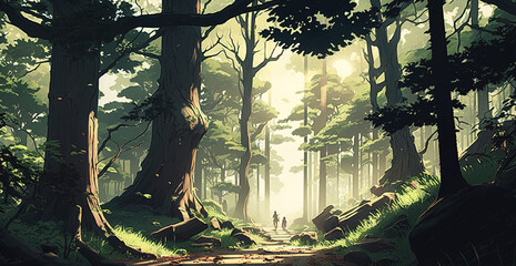 a calm and beautiful forest illustration, sunshine falling through, anime manga art, generative ai technology