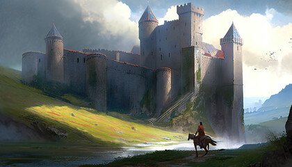 an epic medieval illustration of a warrior with a horse standing in front of a big castle, generative ai technology