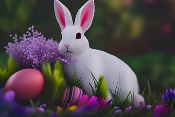 Wielkanoc, wielkanocny króliczek z kolorowymi jajkami wielkanocnymi na trawie, barwnie, soczyste wiosenne kolory, miejsce na tekst. Wygenerowane przy pomocy AI - obrazy, fototapety, plakaty