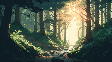 a beautiful place in a forest, anime manga art, sunshine, generative ai technology