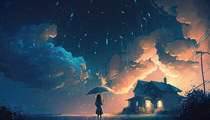 Fototapeta premium an epic anime illustration of a lonely girl with an umbrella standing under a beautiful sky with raindrops, thinking about life, generative ai technology