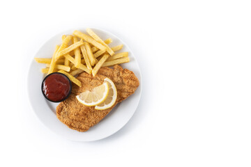Wiener schnitzel with fried potatoes isolated on white background. Top view. Copy space